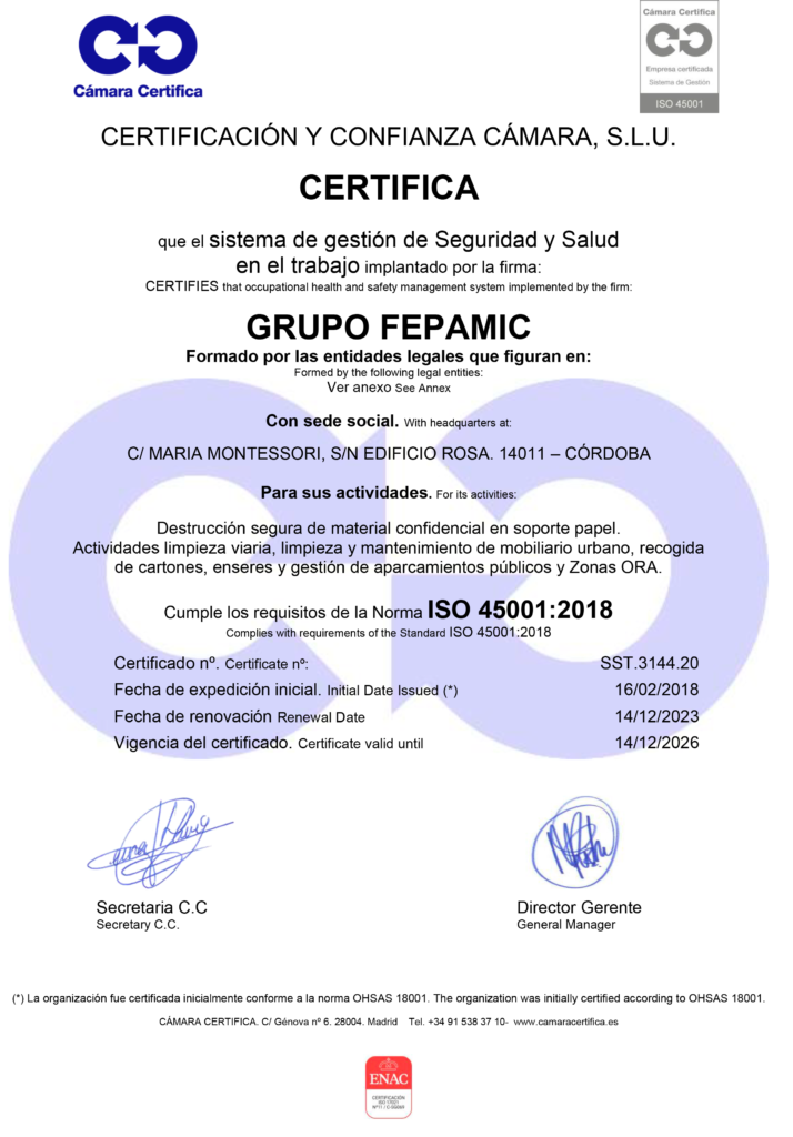 2023 CERTIFICADO RENOVACIÓN GRUPO FEPAMIC 45001-1